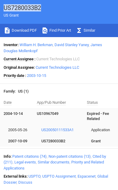 Diagram of US Patent US7280033B2 illustrating granted invention details